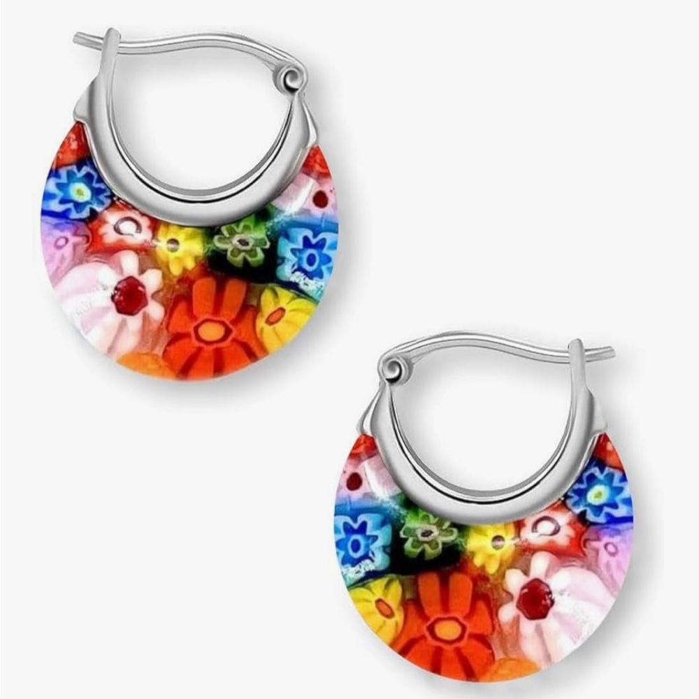 Italian Murano Glass Millefiori Basket Design Hoop Earrings